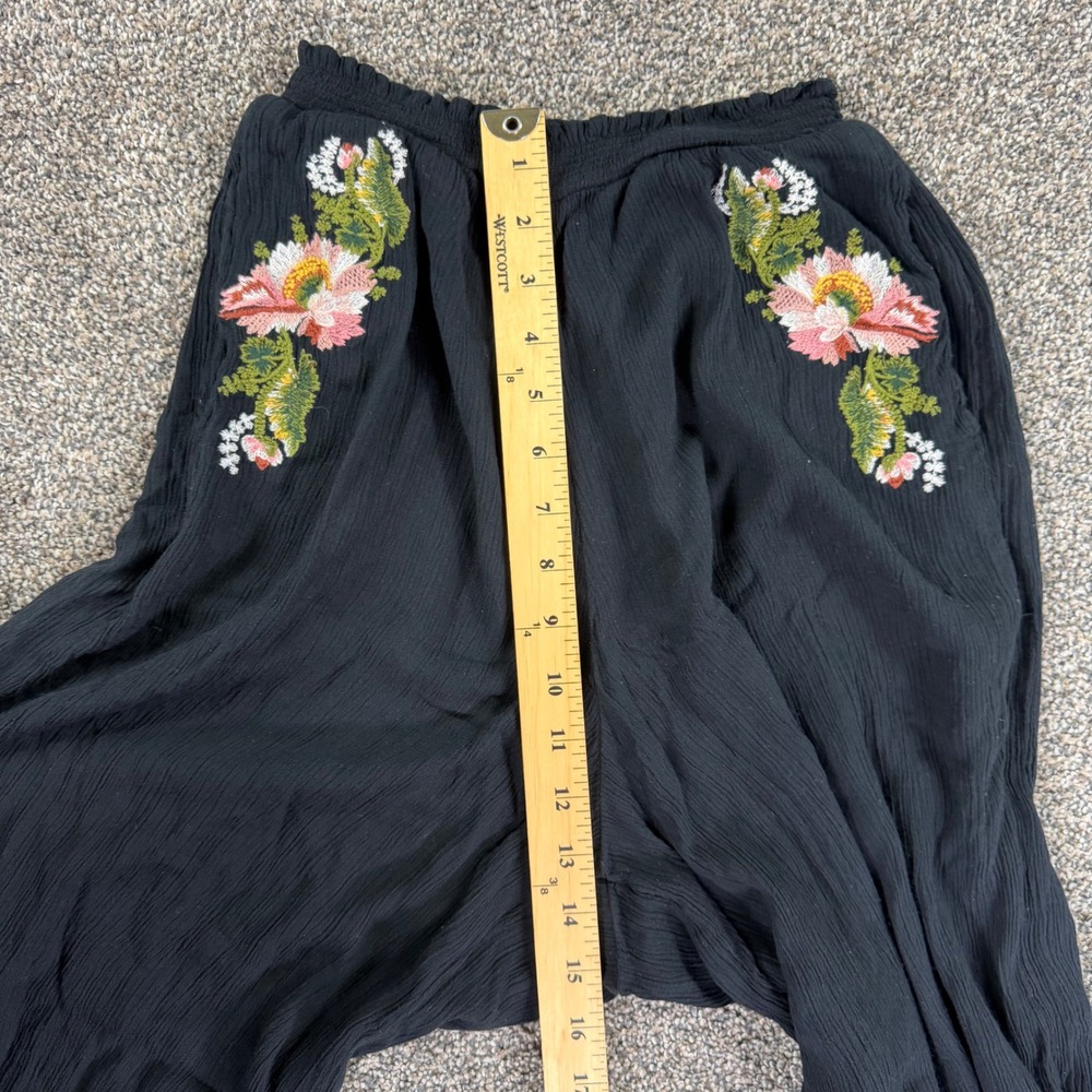 Free People Black Floral Embroidered Wide Leg Gauze Pants XS Smocked Waist Boho - Picture 9 of 12